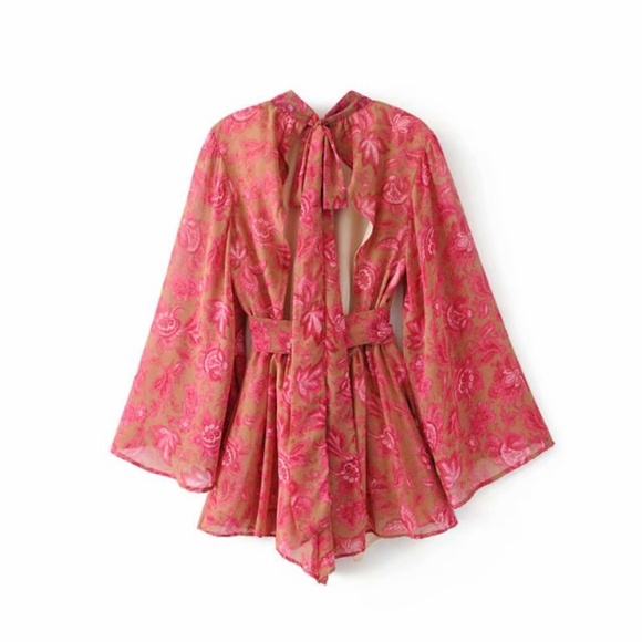 Pink floral print open back tie neck boho romper - Picture 4 of 5